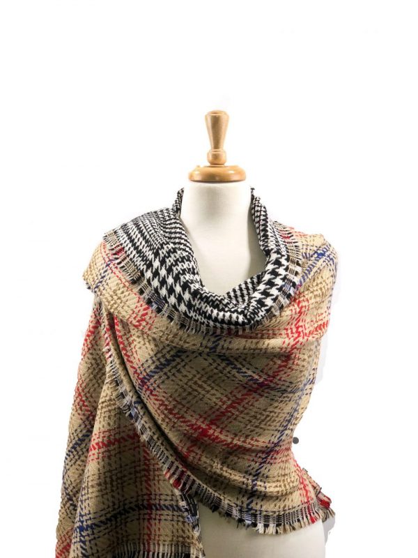 Beige Tartan Pattern Blanket Scarf-3