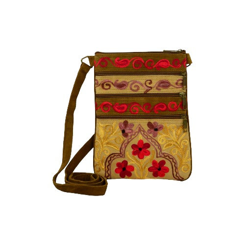 Beige And Red Suede Embroidered Cross-Body Bag-0